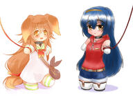 2girls amber_eyes amputee animal_ears blue_hair brown_hair choker collar daruma_girl demin_shorts hairband hoodie leash living_daruma long_hair mi-ke_(mikey_sukairain) pet_play quadruple_amputee satchel sleeveless stumpies // 1105x800 // 348.3KB