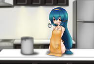amber_eyes amputee blue_hair blurry_background cooking daruma_girl hadaka_apron hairband implied_nopan kitchen ladle living_daruma long_hair mi-ke_(mikey_sukairain) mouth_hold naked_apron quadruple_amputee solo // 1434x972 // 333.8KB
