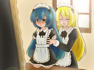 2girl amber_eyes amputee blonde_hair blue_hair blush closed_eyes daruma_girl held_up lens_flare living_daruma long_hai maid_headdress maid_outfit mi-ke_(mikey_sukairain) quadruple_amputee // 1200x900 // 791.7KB