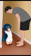 1boy 1girl amber_eyes amputee arms_up black_hair blue_hair blush daruma_girl faceless_male height_difference indoors living_daruma long_hair mi-ke_(mikey_sukairain) quadruple_amputee waving_arms // 681x1200 // 270.6KB