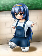 1girl amber_eyes amputee blue_hair daruma_girl headband living_daruma long_hair mi-ke_(mikey_sukairain) overalls quadruple_amputee solo stumpies tremble // 900x1200 // 479.2KB
