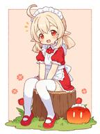 1girl ahoge alternate_costume apron blonde_hair blush border commentary_request d dress enmaided flower frilled_apron frilled_hairband frills full_body general genshin_impact hair_between_eyes hairband klee_(genshin_impact) long_hair looking_at_viewer maid maid_headdress mary_janes notice_lines onyhakase open_mouth pointy_ears red_background red_dress red_eyes red_flower red_shoes shoes sitting_on_tree_stump slime_(genshin_impact) smile solo thigh-highs thighhighs white_apron white_border white_hairband white_thighhighs // 700x933 // 82.0KB