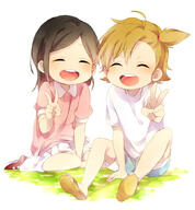 2_females 2girls >_d >d ^_^ asymmetrical_hair bad_id bad_pixiv_id barakamon bent_knees black_hair blonde_hair brown_hair child closed_eyes commentary_request d duo eyes_closed female footwear full_body hair_tie hina_(barakamon) kotoishi_naru kubota_hina legwear loli long_hair mature multiple_females multiple_girls no_socks open_mouth ponytail safe sandals sekina shoes short_hair shorts side_ponytail simple_background sitting skirt smile socks tied_hair v v-shaped_eyebrows white_background young // 975x1052 // 574.5KB