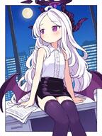 black_halo black_thighhighs blue_archive blush building demon_girl demon_horns demon_wings desk flat_chest full_moon general halo hina_(blue_archive) horns long_hair looking_to_the_side moon night on_desk onyhakase purple_eyes sitting skirt thigh-highs thighhighs thighs violet_eyes white_hair wings // 680x907 // 111.4KB