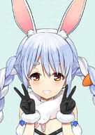 1girl animal_ear_fluff animal_ears bangs black_gloves blue_hair blush braid carrot_hair_ornament detached_sleeves double_v dress food-themed_hair_ornament fur-trimmed_gloves fur_trim general gloves grin hair_ornament hololive jiji_(aardvark) long_hair looking_at_viewer multicolored_hair rabbit_ears rabbit_girl simple_background smile solo twin_braids usada_pekora usada_pekora_(1st_costume) v virtual_youtuber white_hair // 759x1075 // 150.7KB