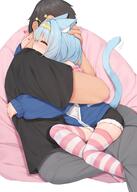 1boy 1girl animal_ears bean_bag_chair black_hair black_shirt blue_jacket cat_ears cat_tail closed_mouth commentary english_commentary faceless faceless_male grey_pants hairband heart hetero hug jacket jelly_hoshiumi long_sleeves medium_hair off_shoulder pants phase_connect safe sensitive shirt short_hair short_sleeves sleepypudding sleeves_past_wrists smile striped_clothes striped_thighhighs t-shirt tail thighhighs virtual_youtuber white_background yellow_hairband // 2689x3777 // 469.0KB