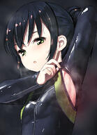 1girl arm_up armpits black_hair blush bodysuit breasts diving_suit green_eyes grey_background jiji_(aardvark) long_hair long_sleeves o open_mouth original ponytail presenting_armpit revision sensitive simple_background small_breasts solo steam sweat unzipping upper_body wet wetsuit zipper // 826x1141 // 144.5KB