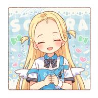 1girl apron blonde_hair blue_apron blue_archive blue_ribbon blush border character_name closed_eyes commentary facing_viewer fang flying_sweatdrops forehead general hair_ribbon halo heart long_hair off_shoulder onyhakase open_mouth ribbon shirt short_sleeves simple_background skin_fang solo sora_(blue_archive) star_(symbol) two_side_up upper_body very_long_hair white_shirt wings // 650x650 // 305.3KB