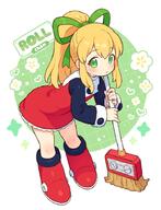 1girl blonde_hair blue_sleeves boots broom character_name closed_mouth commentary_request dress full_body general green_eyes green_ribbon hair_ribbon holding holding_broom long_hair long_sidelocks long_sleeves looking_at_viewer mega_man_(classic) mega_man_(series) onyhakase ponytail red_boots red_dress ribbon roll_(mega_man) sidelocks sleeve_cuffs solo standing wavy_mouth // 700x915 // 86.3KB