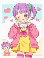 2girls ;p border bow cardigan closed_mouth commentary_request dot_nose double_bun dress general green_scrunchie hair_bow hair_bun hair_ornament hair_scrunchie hands_up long_sleeves looking_at_viewer manaka_laala manaka_laala_(normal) manaka_non manaka_non_(normal) multiple_girls neckerchief one_eye_closed onyhakase open_cardigan open_clothes paprika_private_academy_school_uniform pink_bow pink_cardigan pink_neckerchief pink_thighhighs pretty_series pripara purple_eyes purple_hair sailor_collar sailor_dress school_uniform scrunchie short_hair siblings side_ponytail sisters skindentation smile thigh-highs thighhighs tongue tongue_out violet_eyes white_border white_sailor_collar yellow_dress // 700x933 // 91.2KB