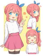 1girl black_thighhighs blue_eyes blush breasts closed_eyes closed_mouth commentary_request long_hair long_sleeves looking_at_viewer miniskirt momomi_(onyhakase) multiple_views onyhakase open_mouth original pink_hair pink_skirt side_ponytail simple_background skirt small_breasts smile sweater thighhighs tongue tongue_out v white_sweater yellow_background // 850x1093 // 540.7KB