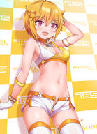 1girl ahoge armband armlet bare_shoulders blonde_hair blush breasts checkered_background cleavage collarbone cowboy_shot crop_top cropped_shirt dot_nose gloves hair_between_eyes hair_flaps hair_ornament hand_on_own_head highres ibuki_tsubasa idolmaster idolmaster_million_live! idolmaster_million_live!_theater_days jewelry koaya large_breasts looking_at_viewer midriff navel necklace open_fly open_mouth orange_trim partially_unzipped pink_eyes shirt short_hair short_shorts shorts side_slit side_slit_shorts signature sleeveless sleeveless_shirt smile solo standing star_(symbol) star_hair_ornament thighhighs two-tone_shirt white_armband white_gloves white_shorts white_thighhighs yellow_background zipper zipper_pull_tab // 1357x1875 // 1.2MB