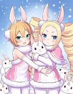 2girls < animal animal_ears armpit_crease bare_shoulders beatrice_(re_zero) beatrice_(zero) blonde_hair blue_background blue_eyes blush butterfly-shaped_pupils capelet closed_mouth commentary_request cowboy_shot d detached_sleeves dress drill_hair eyelashes fake_animal_ears forehead fur-trimmed_capelet fur-trimmed_dress fur-trimmed_sleeves fur_collar fur_trim green_eyes hair_between_eyes hair_ornament hairband holding holding_animal holding_rabbit horns jitome long_hair long_sleeves looking_at_viewer multiple_girls open_mouth orange_hair outstretched_arm outstretched_hand pantyhose parted_bangs petra_leyte pink_capelet pink_dress pink_pupils pom_pom_(clothes) pom_pom_hair_ornament rabbit rabbit_ears re_zero_kara_hajimeru_isekai_seikatsu s_(hdru2332) sensitive short_dress short_eyebrows short_hair sidelocks sleeveless sleeveless_dress smile snow sparkle standing symbol-shaped_pupils teeth twin_drills upper_teeth_only v-shaped_eyebrows white_dress white_hairband white_pantyhose white_rabbit_(animal) white_sleeves zero_kara_hajimeru_isekai_seikatsu // 698x900 // 678.1KB
