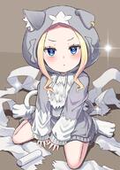 1girl animal_hood beatrice_(re_zero) between_legs blonde_hair blue_eyes blush butterfly-shaped_pupils cat_hood cat_tail closed_mouth cosplay earrings fake_tail forehead full_body grey_hoodie hand_between_legs hood hood_up hoodie jewelry long_sleeves looking_at_viewer puck_(re_zero) puck_(re_zero)_(cosplay) re_zero_kara_hajimeru_isekai_seikatsu s_(hdru2332) sidelocks single_earring sitting sleeves_past_wrists socks solo symbol-shaped_pupils tail toilet_paper wariza watermark white_socks // 566x800 // 373.4KB