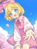 1girl blonde_hair blue_eyes blue_hair blue_sky bow bow_hairband cherry_blossoms collared_shirt colored_inner_hair commentary_request cowboy_shot d dress falling_petals general hair_bow hairband hand_on_own_leg long_sleeves looking_at_viewer medium_hair multicolored_hair neck_ribbon onyhakase open_mouth original outdoors petals pinafore_dress pink_bow pink_dress pink_hairband pink_ribbon reaching reaching_towards_viewer ribbon shirt sky sleeveless sleeveless_dress smile solo two-tone_hair white_shirt // 850x1133 // 801.0KB