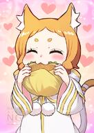 1girl animal_ear_fluff animal_ears blush braid burger capelet cat_ears cat_girl cat_tail closed_eyes commentary_request detached_sleeves eating facing_viewer food food_wrapper general heart holding holding_burger holding_food long_hair mimi_pearlbaton orange_hair parted_bangs pom_pom_(clothes) re_zero_kara_hajimeru_isekai_seikatsu robe s_(hdru2332) solo tail twin_braids upper_body watermark white_capelet white_robe white_sleeves wide_sleeves zero_kara_hajimeru_isekai_seikatsu // 566x800 // 357.2KB