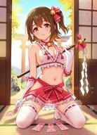 1girl bare_shoulders bell bikini blue_sky blurry blurry_background blush bow breasts brown_hair cleavage collarbone concept_maihime_(idolmaster) day dot_nose elbow_gloves flipped_hair frilled_gloves frilled_shirt frilled_skirt frills gloves gohei hair_bell hair_ornament hair_ribbon hairpin halter_shirt halterneck highres hip_vent holding holding_gohei idolmaster idolmaster_million_live! idolmaster_million_live!_theater_days jingle_bell kasuga_mirai kneeling koaya lens_flare light_particles looking_at_viewer medium_breasts medium_hair midriff miniskirt navel neck_bell nontraditional_miko ofuda one_side_up parted_lips pink_bikini pink_ribbon pink_skirt pleated_skirt ribbon ribbon-trimmed_gloves ribbon-trimmed_shirt ribbon-trimmed_thighhighs ribbon_trim rock see-through_clothes see-through_skirt sensitive shadow shirt side_ponytail sideboob sidelocks skirt sky sleeveless sleeveless_shirt solo sunlight swimsuit tatami thighhighs torii tree waist_bow white_gloves white_thighhighs yellow_eyes // 1476x2048 // 404.0KB