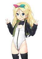 1girl alice_gear_aegis athletic_leotard black_jacket black_thighhighs blonde_hair blue_eyes blush braid breasts center_opening clothing_cutout commentary_request companionaf companion_af covered_collarbone cowboy_shot cropped_jacket dot_nose double_v eyes_visible_through_hair flat_chest front_zipper full-length_zipper groin hair_between_eyes hairband heattech_leotard highleg highleg_leotard highres jacket jiji_(aardvark) leotard long_hair long_sleeves looking_at_viewer miyaminami_hikari open_clothes open_jacket open_mouth parted_bangs race_queen sensitive simple_background sleeveless sleeveless_turtleneck sleeveless_turtleneck_leotard small_breasts smile solo standing thighhighs thighs turtleneck turtleneck_jacket turtleneck_leotard v w wavy_hair white_background white_leotard zipper zipper_leotard zipper_pull_tab // 1075x1518 // 170.6KB
