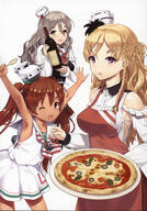 3girls ;d apron armpits arms_up bare_shoulders blonde_hair bodice bottle braid breasts brown_eyes brown_hair brown_skin corset cowtits dark-skinned_female dark_skin dark_skinned_female dress fang female food french_braid grey_hair hair_ornament hair_ribbon hat highres holding holding_food holding_object holding_pizza jiji jiji_(aardvark) kantai_collection large_breasts libeccio_(kancolle) libeccio_(kantai_collection) long_hair looking_at_viewer mini_hat multiple_girls official_art one_eye_closed open_mouth photoshop_(medium) pizza pola_(kancolle) pola_(kantai_collection) purple_eyes remodel_(kantai_collection) ribbon s safe sailor_dress sensitive shirt sideboob silver_hair skirt sleeveless smile spoon tan tanned tied_hair tilted_headwear twin_tails twintails violet_eyes wavy_hair white_shirt white_skirt wine_bottle wink yellow_eyes zara_(kancolle) zara_(kantai_collection) zara_due_(kancolle) // 1397x2000 // 1.7MB