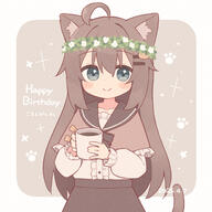 1girl absurdres ahoge animal_ear_fluff animal_ears biachan_(colon_br) black_ribbon black_sailor_collar blue_eyes blush border borrowed_character brown_background brown_capelet brown_hair brown_skirt capelet cat_ears cat_girl cat_tail center_frills closed_mouth collarbone cup dated english_commentary english_text frilled_capelet frilled_sleeves frills hair_between_eyes hair_ornament hairclip happy_birthday head_wreath highres holding holding_cup long_hair long_sleeves looking_at_viewer original outside_border paw_print paw_print_background ribbon sailor_collar shirt skirt solo tail tail_raised white_border white_shirt yuune_(ayanepuna) // 2800x2800 // 3.9MB