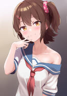 1girl blue_sailor_collar blue_trim blurry blush breasts brown_eyes brown_hair closed_mouth collarbone commentary depth_of_field dot_nose finger_to_mouth gradient_background grey_background hair_ornament hair_scrunchie hairclip hand_up highres idolmaster idolmaster_million_live! idolmaster_million_live!_theater_days kasuga_mirai koaya looking_at_viewer neckerchief one_side_up pink_scrunchie polka_dot polka_dot_scrunchie red_neckerchief sailor_collar school_uniform scrunchie sensitive serafuku shirt short_hair short_sleeves single_bare_shoulder single_off_shoulder small_breasts smile solo upper_body white_shirt // 1182x1706 // 964.0KB