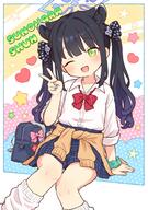 1girl alternate_costume animal_ear_fluff animal_ears bag blue_archive blue_bag blue_hair blue_halo blue_nails blue_scrunchie blue_skirt bow bowtie character_name clothes_around_waist collared_shirt commentary_request dress_shirt general green_eyes gyaru hair_ribbon halo long_hair long_sleeves looking_at_viewer one_eye_closed onyhakase open_mouth plaid_clothes plaid_skirt red_bow red_bowtie ribbon school_bag scrunchie shirt shun_(blue_archive) shun_(small)_(blue_archive) skirt smile solo tiger_ears twintails unworn_bag v white_shirt wrist_scrunchie // 700x992 // 138.3KB