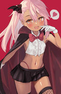 1girl atfbooru.ninja black_cape black_skirt blush bow bowtie breasts brown_skin cape center_frills chloe_von_einzbern cropped_shirt dark-skinned_female dark_skin fatekaleid_liner_prisma_illya fate_(series) fate_kaleid_liner_prisma_illya female frills gloves hair_between_eyes hair_bow highleg highleg_panties highleg_pantsu highres long_hair looking_at_viewer midriff miniskirt navel one_side_up open_mouth orange_eyes pan_korokorosuke panties pantsu pink_hair red_background red_panties red_pantsu safe sensitive shirt sidelocks skirt sleeveless sleeveless_shirt small_breasts smile solo thighs underwear white_gloves white_shirt // 800x1228 // 619.1KB