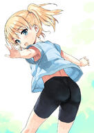 1_female 1girl armpits arms_up ass back_boob backboob bad_id bad_twitter_id bike_shorts black_shorts blonde blonde_hair blue_eyes blue_shirt breasts commentary_request down_blouse downblouse female from_behind hair_tie highres inactive_account jiji jiji_(aardvark) jiji_aardvark jijis-waifus legwear long_hair looking_back no_bra open_mouth original outstretched_arms s safe sensitive shirt shorts smile solo spats thighs tied_hair twintails upshirt // 1075x1518 // 181.7KB
