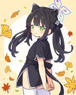 1girl animal_ear_fluff animal_ears arms_behind_back black_dress black_hair blue_archive blush china_dress chinese_clothes commentary_request dress general green_eyes hair_ornament halo leaf long_hair looking_at_viewer onyhakase own_hands_together short_sleeves shun_(blue_archive) shun_(small)_(blue_archive) sidelocks smile solo thigh-highs thighhighs twintails white_thighhighs // 640x797 // 411.1KB