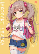1girl absurdres ahoge animal_print backpack bag blush breasts brown_hair caihanonline character_name clavicle closed_mouth clothing collarbone commentary_request cowboy_shot crime_prevention_buzzer denim denim_shorts female female_focus hair_bobbles hair_ornament hakozaki_serika heisei_retro highres holding_strap idolmaster idolmaster_million_live! idolmaster_million_live!_theater_days koaya legwear loli long_hair looking_at_viewer midriff_peek navel pink_bag questionable randosel randoseru safe school_bag sensitive shadow shirt short_shorts shorts sidelocks small_breasts smile solo standing t-shirt thighhighs tied_hair twin_tails twintails white_legwear white_shirt white_thighhighs yellow_eyes 小学せり 黒沢aya // 2220x3106 // 2.0MB