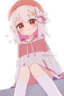1girl adult akino_yuki_(1n4b4) akino_yuki_(1n4b4)_(cosplay) beret blush bow brown_hat closed_mouth cosplay drawstring flower hair_between_eyes hair_bow hair_ornament hairclip hat highres hood hood_down hoodie kneehighs knees_together_feet_apart kotone_(ayanepuna) multicolored_hair original pleated_skirt purple_hair red_eyes revision simple_background sitting skirt socks solo twitter_username two-tone_hair wavy_mouth white_background white_bow white_hair white_hoodie white_skirt white_socks yuune_(ayanepuna) // 1000x1500 // 518.1KB