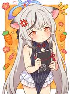 1girl anger_vein animal_ears black_dress blue_archive blue_halo blush book border china_dress chinese_clothes closed_mouth commentary_request cowboy_shot dress general grey_hair halo holding holding_book holding_pen kokona_(blue_archive) long_hair onyhakase orange_eyes pen solo very_long_hair white_border yellow_background // 700x933 // 123.0KB