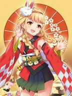 1girl bare_shoulders bell black_skirt blonde_hair blush bow braid breasts checkered_sleeves cowboy_shot detached_sleeves dot_nose dress_bow ear_piercing fang floral_print_sash flower fox_mask fujita_kotone gakuen_idolmaster general gradient_clothes gradient_skirt green_skirt hair_tie hands_up highres idolmaster japanese_clothes jingle_bell kamurogiku_(idolmaster) kimono koaya long_hair long_sleeves looking_at_viewer mask mask_on_head obi obiage obijime oil-paper_umbrella open_hands open_mouth piercing plum_blossoms red_kimono red_sleeves red_umbrella ribbon-trimmed_sleeves ribbon_trim sash signature skirt sleeveless sleeveless_kimono small_breasts smile solo standing twin_braids two-tone_skirt umbrella white_bow white_flower wide_sleeves yellow_background yellow_eyes // 1500x2000 // 568.5KB