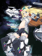 1girl alice_gear_aegis armpits bangs black_shorts blonde_hair blue_eyes eyebrows eyebrows_visible_through_hair female flat_chest gloves hair_between_eyes hairband headgear highres holding jiji jiji_(aardvark) long_hair mecha mecha_musume midriff miyaminami_hikari navel official_art open_mouth panties pettanko pink_panties s safe sensitive shorts solo space stomach underwear // 900x1200 // 335.3KB