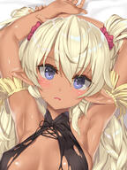 1girl 2 2d_art armpits arms_up bangs bed_sheet black_ribbon blue_eyes blush breasts clothing dark-skinned_female dark_skin edelgard edelgard_(isekai_maou) edelgard_(isekai_maou_to_shoukan_shoujo_dorei_majutsu) erect_nipples eyebrows_visible_through_hair female from_above hair_between_eyes hair_ornament hair_scrunchie how_not_to_summon_a_demon_lord isekai_maou_to_shoukan_shoujo_no_dorei_majutsu long_hair looking_at_viewer lying medium_breasts neck_ribbon no_bra on_back pixiv_11277 pixiv_95481514 pointed_ears pointy_ears questionable red_hair_ornament red_scrunchie ribbon scrunchie shiny shiny_hair shiny_skin sideboob silver_hair solo takadai tied_hair torn_clothes tsurusaki_takahiro twintails upper_body viewed_from_above white_hair エデルガルト 異世界魔王 異世界魔王_エデルガルト_抱き枕 鶴崎貴大 // 1500x2000 // 1.2MB