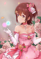 1girl bare_shoulders blush breasts brown_hair bug butterfly choker cleavage collarbone detached_sleeves dress falling_petals flower flower_ornament glowing_butterfly idolmaster idolmaster_million_live! insect kasuga_mirai koaya looking_to_the_side no_bra one_side_up petals pink_choker pink_dress pink_flower pink_rose rose sensitive small_breasts solo the_idolm@ster the_idolm@ster_million_live! // 2079x2953 // 4.4MB