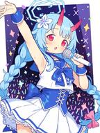1girl blue_archive blue_hair blush braid chise_(blue_archive) collarbone commentary_request crop_top flower general glowstick hair_flower hair_ornament halo holding holding_microphone horns idol idol_clothes long_hair looking_at_viewer microphone music onyhakase red_eyes singing skirt sleeveless standing twin_braids twintails very_long_hair white_skirt // 700x933 // 137.0KB