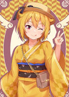 1girl absurdres bag blonde_hair breasts collarbone handbag highres ibuki_tsubasa idolmaster idolmaster_million_live! idolmaster_million_live!_theater_days japanese_clothes kimono koaya looking_at_viewer obi one_eye_closed print_kimono red_eyes sash short_hair small_breasts solo standing tongue tongue_out v yellow_kimono // 2218x3102 // 6.3MB