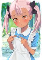 1girl alice_(alice_in_wonderland) alice_(alice_in_wonderland)_(cosplay) alternate_costume black_bow blush bow breasts chloe_von_einzbern commentary cosplay dark-skinned_female dark_skin fatekaleid_liner_prisma_illya fate_(series) fate_kaleid_liner_prisma_illya frills general hair_bow highres long_hair looking_at_viewer open_mouth orange_eyes pan_korokorosuke pink_hair small_breasts solo symbol-only_commentary twiddling_fingers twintails twitter_suki upper_body // 1448x2048 // 378.0KB
