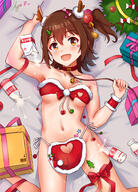 1girl animal_collar antlers arm_up bare_shoulders bdsm bell blush bottle box breasts brown_eyes brown_hair christmas christmas_tree christmas_tree_hair_ornament collar collarbone commentary covered_erect_nipples covered_nipples english_commentary fake_antlers from_above gelbooru_11730999 gift gift_box hair_bell hair_ornament heart_sticker highres horns idolmaster idolmaster_million_live! kasuga_mirai koaya leash looking_at_viewer lying milk milk_bottle milk_carton navel no_panties on_back one_side_up open_mouth questionable reindeer_antlers revealing_clothes santa_costume short_hair signature slave smile solo spilled_milk sticker_on_face thigh_strap // 1658x2300 // 1.7MB