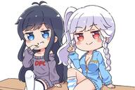 2girls 32_aspect_ratio ahoge antenna_hair black_hair blue_eyes blush breasts chibi clothing cowtits dct-tan dfc-tan dress female flat_chest general jacket large_breasts long_hair multiple_girls non-web_source open_clothes open_jacket original pettanko questionable red_eyes rutorifuki safe sensitive siblings sister sisters sweater sweater_dress thighhighs track_jacket white_hair // 1500x1000 // 772.6KB
