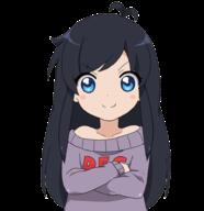 ahoge antenna_hair bare_shoulders black_hair blue_eyes crossed_arms dfc-tan dress general long_hair non-web_source oomuro_sakurako original parody sensitive smile style_parody sweater sweater_dress transparent_background yuru_yuri // 900x927 // 180.0KB