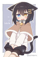 1girl animal_ears bike_shorts black_shorts blue_eyes blush border brown_capelet brown_eyes capelet cat_ears cat_girl cat_tail collared_shirt commentary_request dress_shirt fur-trimmed_capelet fur_trim grey_background hair_ornament hairclip have_to_pee heterochromia highres koko_(ayanepuna) long_sleeves open_mouth original outline shirt short_shorts shorts shorts_under_shorts solo sweat tail tears trembling twitter_username wavy_mouth white_border white_outline white_shirt yuune_(ayanepuna) // 1000x1500 // 559.0KB