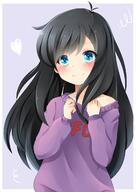 1_female 1girl ahoge black_hair blue_eyes dfc-tan female flat_chest ikazu401 long_hair mature purple_sweater safe sensitive smile solo sweater // 848x1199 // 105.8KB