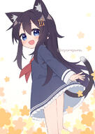 1girl animal_ear_fluff black_dress black_hair blue_eyes blush commentary_request cowboy_shot d dress floral_background frilled_dress frills hair_between_eyes hair_ornament hairpin long_hair long_sleeves looking_at_viewer looking_to_the_side neckerchief open_mouth original red_neckerchief smile solo standing tail tail_raised twitter_username white_background yuune_(ayanepuna) // 800x1131 // 401.8KB