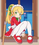 1girl apron blonde_hair blush bow bowtie building commentary_request dress energy_tank frilled_apron frills green_bow green_bowtie green_eyes green_ribbon hair_ribbon heart long_hair long_sleeves looking_at_viewer maid maid_headdress mega_man_(classic) mega_man_(series) night onyhakase pantyhose ponytail red_dress red_shoes ribbon roll_(mega_man) shoes sitting solo white_apron white_pantyhose window windowsill // 700x800 // 452.0KB