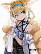 1girl animal_ears arknights bad_id bad_pixiv_id bare_shoulders blonde_hair blue_hairband braid braided_hair_rings colored_tips commentary commentary_request fox_ears fox_girl fox_tail frilled_sleeves frills general green_eyes hair_rings hairband highres infection_monitor_(arknights) kitsune korean_commentary kyuubi material_growth multicolored_hair multiple_tails my700 oripathy_lesion_(arknights) parted_lips short_hair short_sleeves simple_background solo suzuran_(arknights) tail twin_braids two-tone_hair upper_body white_background white_hair wrist_cuffs // 1000x1333 // 1.4MB