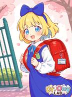 1girl backpack bag blonde_hair blue_bow blue_dress blue_eyes blue_hair blue_hairband blue_ribbon bow bow_hairband cherry_blossoms child collared_shirt colored_inner_hair commentary_request crime_prevention_buzzer d dress dress_shirt falling_petals general hair_bow hairband holding_strap long_sleeves looking_at_viewer medium_hair multicolored_hair neck_ribbon onyhakase open_mouth original petals pinafore_dress randoseru red_bag ribbon shirt sleeveless sleeveless_dress smile solo two-tone_hair white_shirt // 850x1133 // 819.7KB