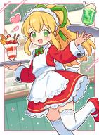 1girl apron blonde_hair blush bow bowtie commentary_request cup dress food general green_bow green_bowtie green_eyes green_ribbon hair_ribbon heart holding holding_tray ice_cream long_hair long_sleeves maid maid_headdress mega_man_(classic) mega_man_(series) onyhakase open_mouth ponytail red_dress red_footwear red_shoes ribbon roll_(mega_man) shoes sidelocks solo sparkle sundae thigh-highs thighhighs tray white_apron white_thighhighs // 680x927 // 129.7KB