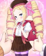 1boy 2girls backpack bag beatrice_(re_zero) beatrice_(zero) beret black_hat black_skirt blonde_hair blush butterfly-shaped_pupils buttons character_doll closed_mouth collared_shirt commentary_request cowboy_shot drill_hair frilled_ribbon frills frown general hair_ribbon hat highres holding_strap long_hair looking_at_viewer multiple_girls natsuki_subaru neck_ribbon out_of_frame pantyhose parted_bangs pink_ribbon pleated_skirt puffy_short_sleeves puffy_sleeves randoseru re_zero_kara_hajimeru_isekai_seikatsu red_bag rem_(re_zero) rem_(zero) ribbon s_(hdru2332) shirt short_sleeves skirt solo_focus standing striped_clothes striped_pantyhose symbol-shaped_pupils thumbs_up twin_drills very_long_hair white_shirt zero_kara_hajimeru_isekai_seikatsu // 1200x1462 // 231.7KB